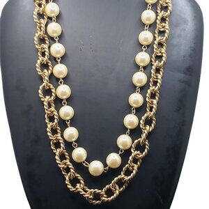Faux Pearl & Chain Necklace Double Strand Choker Vintage Gold Tone Chunky 16-18"